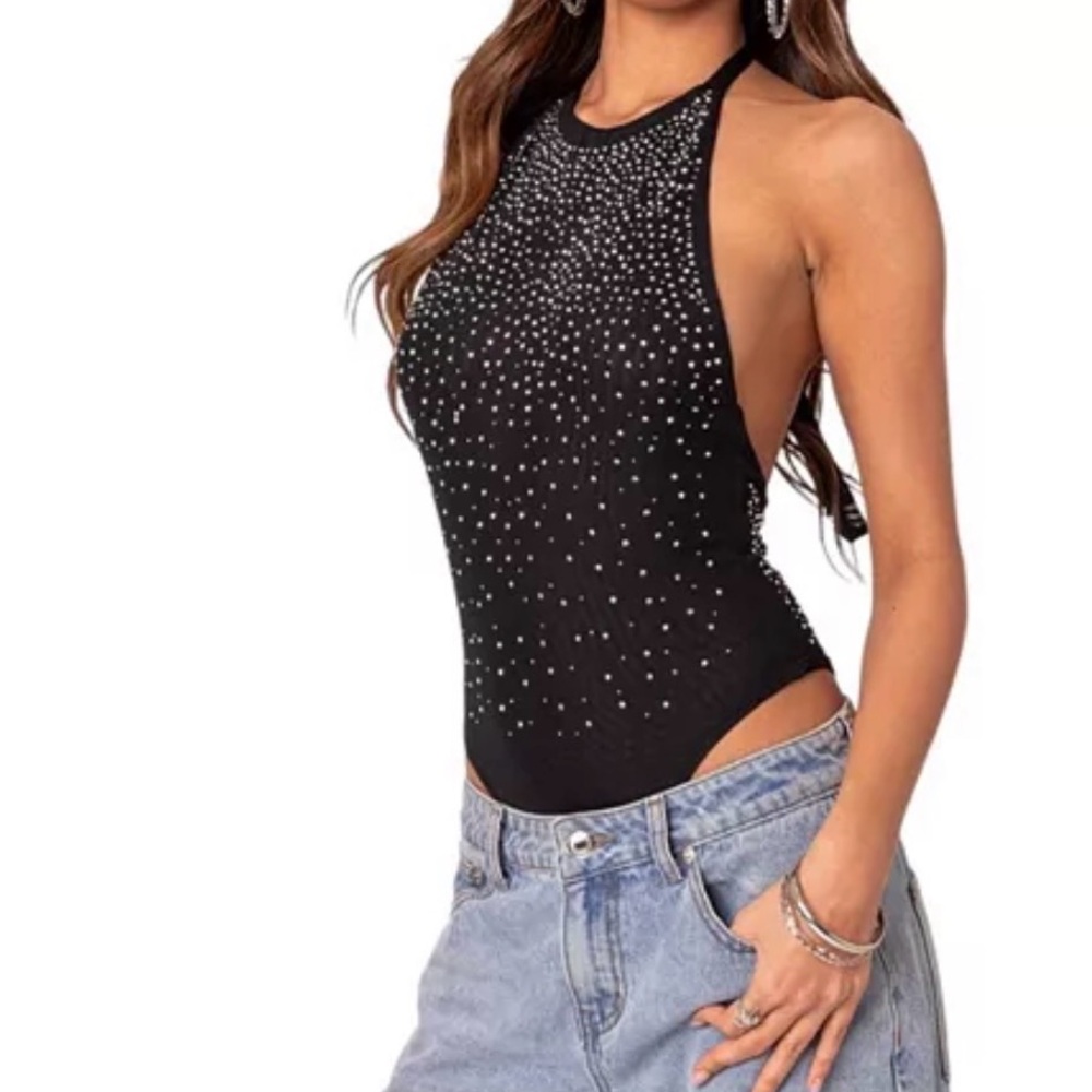Open Back Mesh Rhinestone Bodysuit - Picture 3 of 3